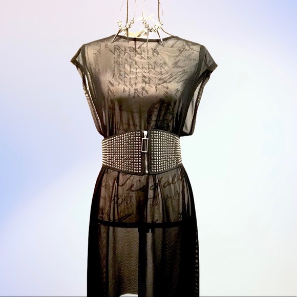 Black Leather Wide Elastic Studded Waist Statement Belt - Picture 4 of 9